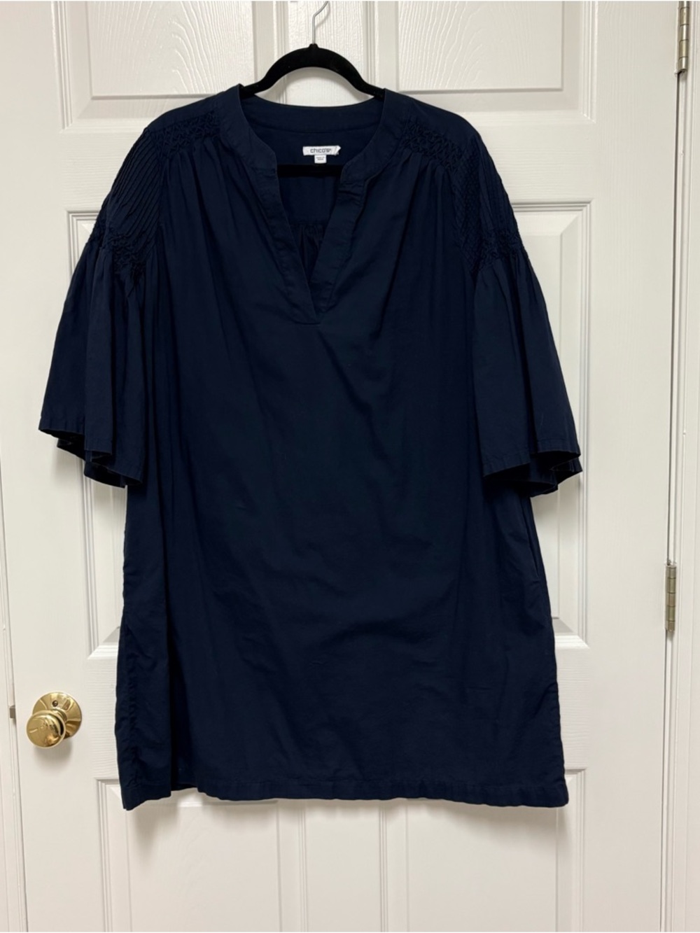 Chico's Navy Blue Short Sleeve Mini Dress with bell sleeve detail and pockets